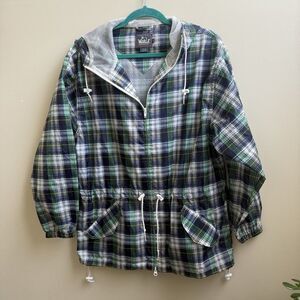 Woolrich Stash Away Rain Hooded  Jacket Green Plaid Size M